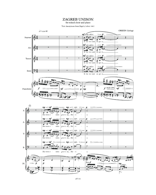 György Orbán: Zagreb unison (SATB, piano)