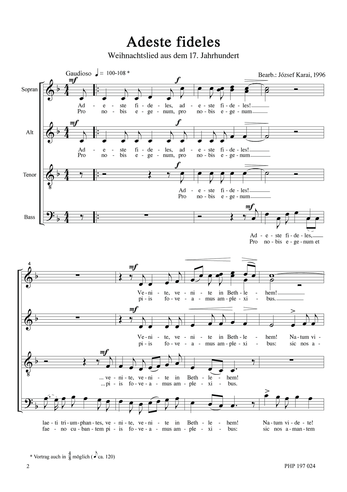 József Karai: Adeste Fideles (SATB)