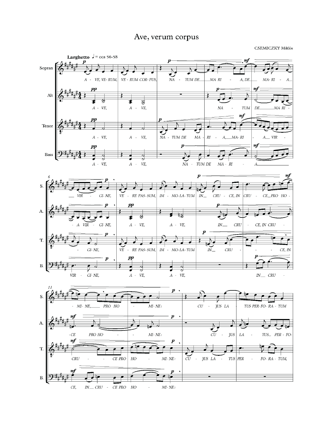Miklós Csemiczky: Ave verum corpus (SATB)