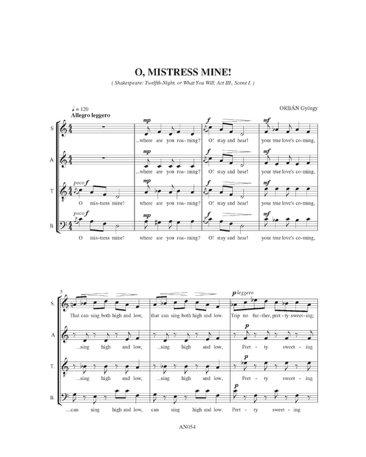 György Orbán: O, Mistress mine (SATB)