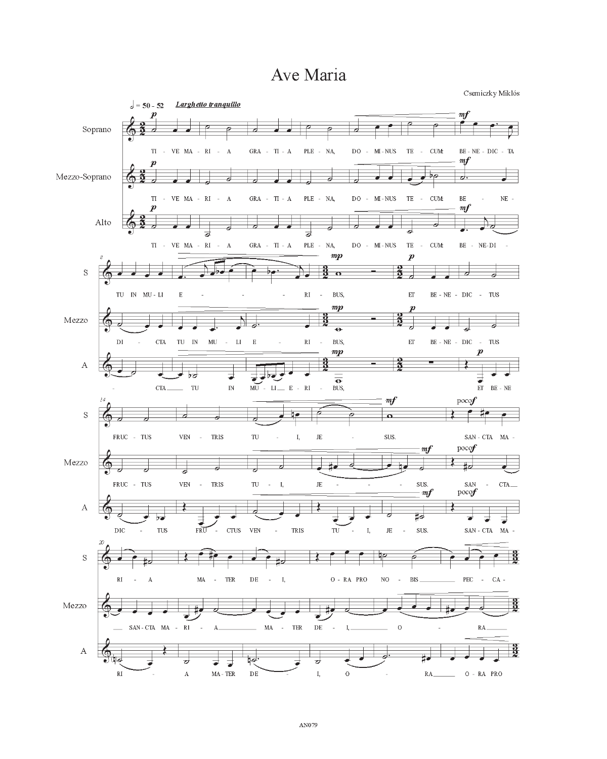 Miklós Csemiczky: Ave Maria (SSA)