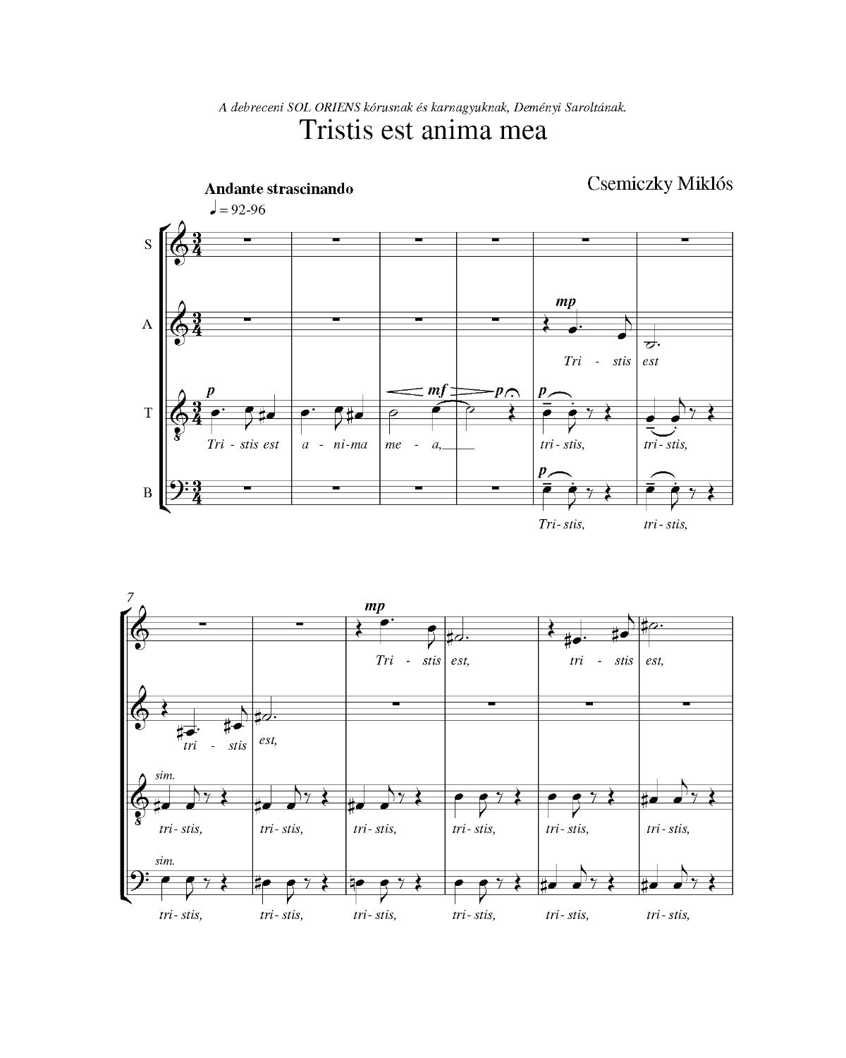 Miklós Csemiczky: Tristis est anima mea (SATB)