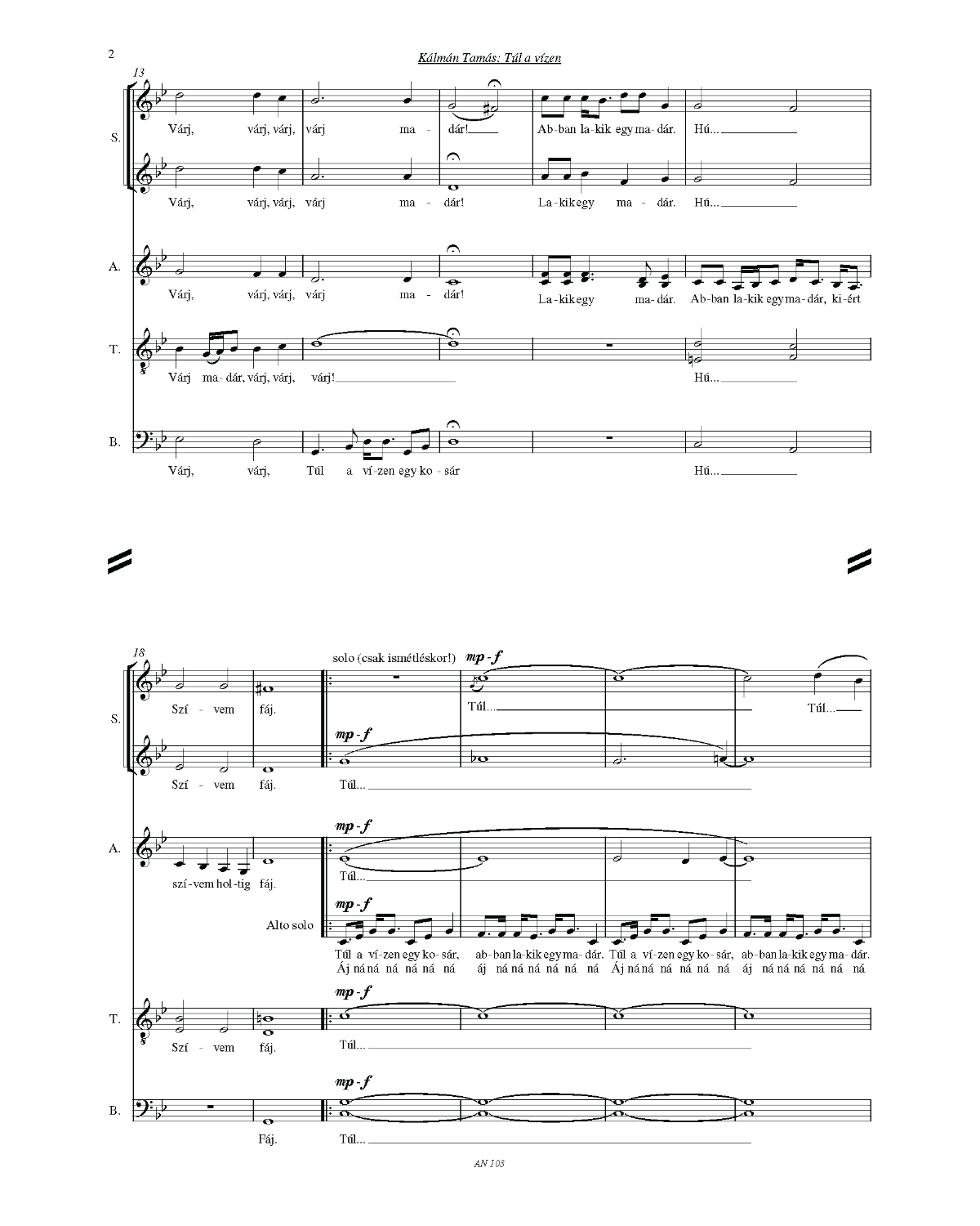 Tamás Kálmán: Túl a vizen (SATB)