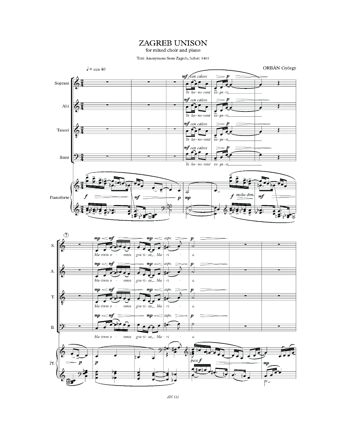 György Orbán: Zagreb unison (SATB, piano)