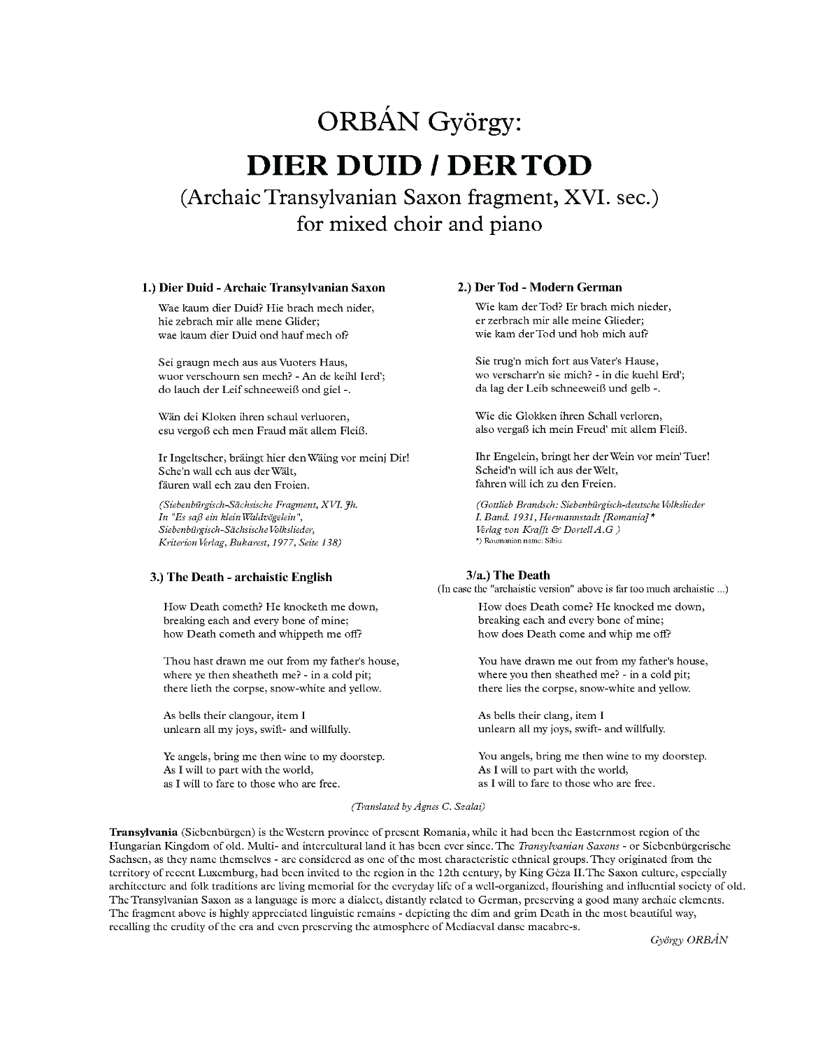 György Orbán: Dier Duid / Der Tod (SMsATBB, piano)