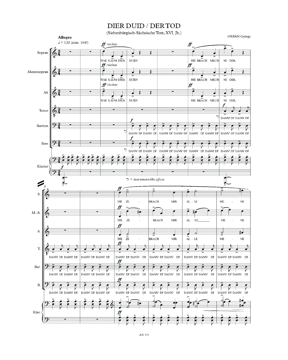 György Orbán: Dier Duid / Der Tod (SMsATBB, piano)