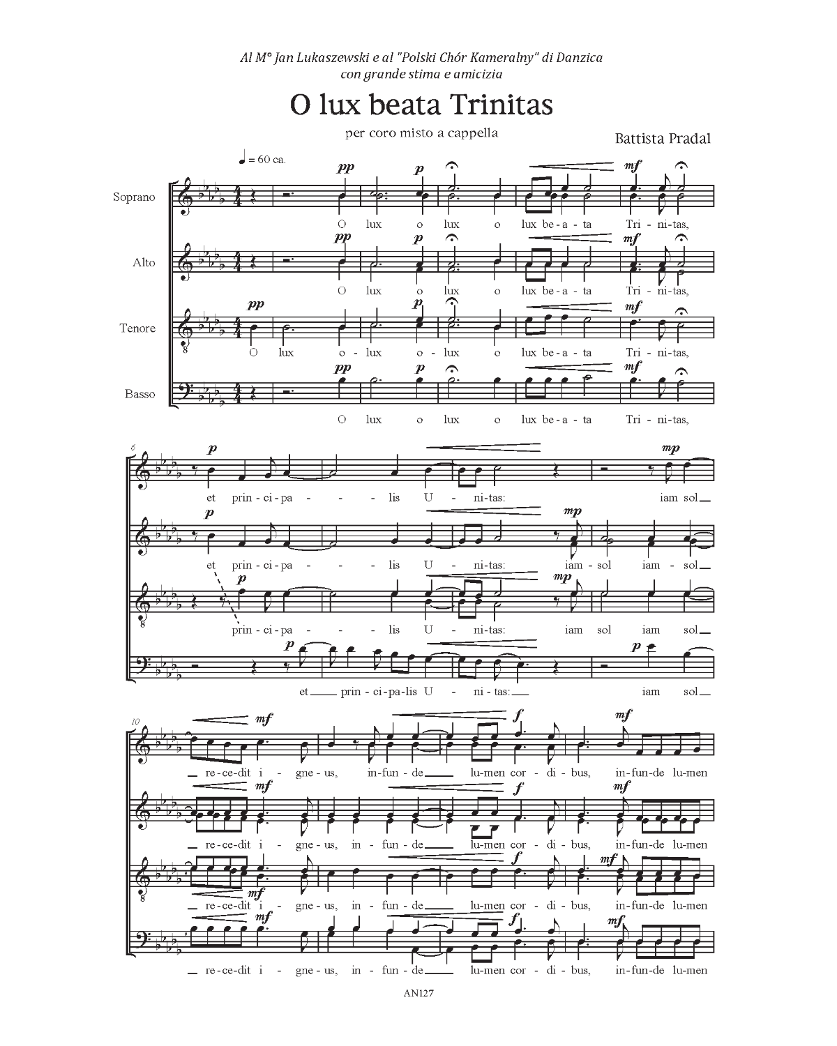 Battista Pradal: O lux beata Trinitas (SATB)