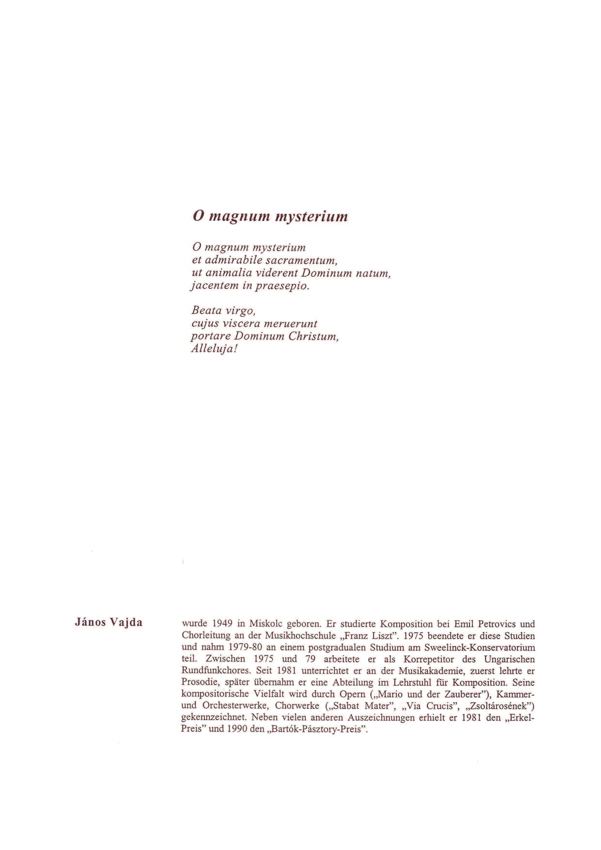 János Vajda: O magnum mysterium (SATB)
