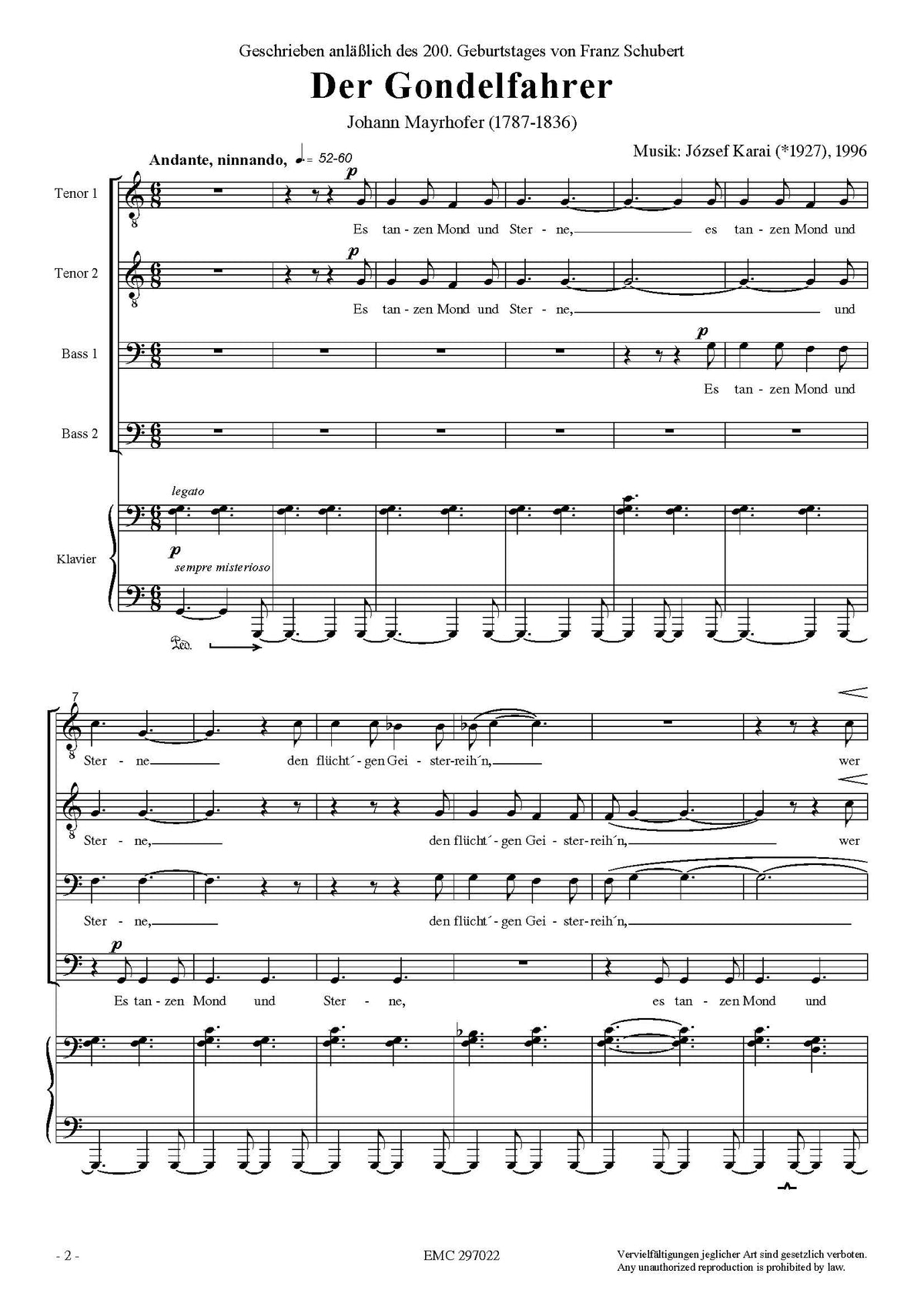 József Karai: A gondolás (TTBB, zongora)