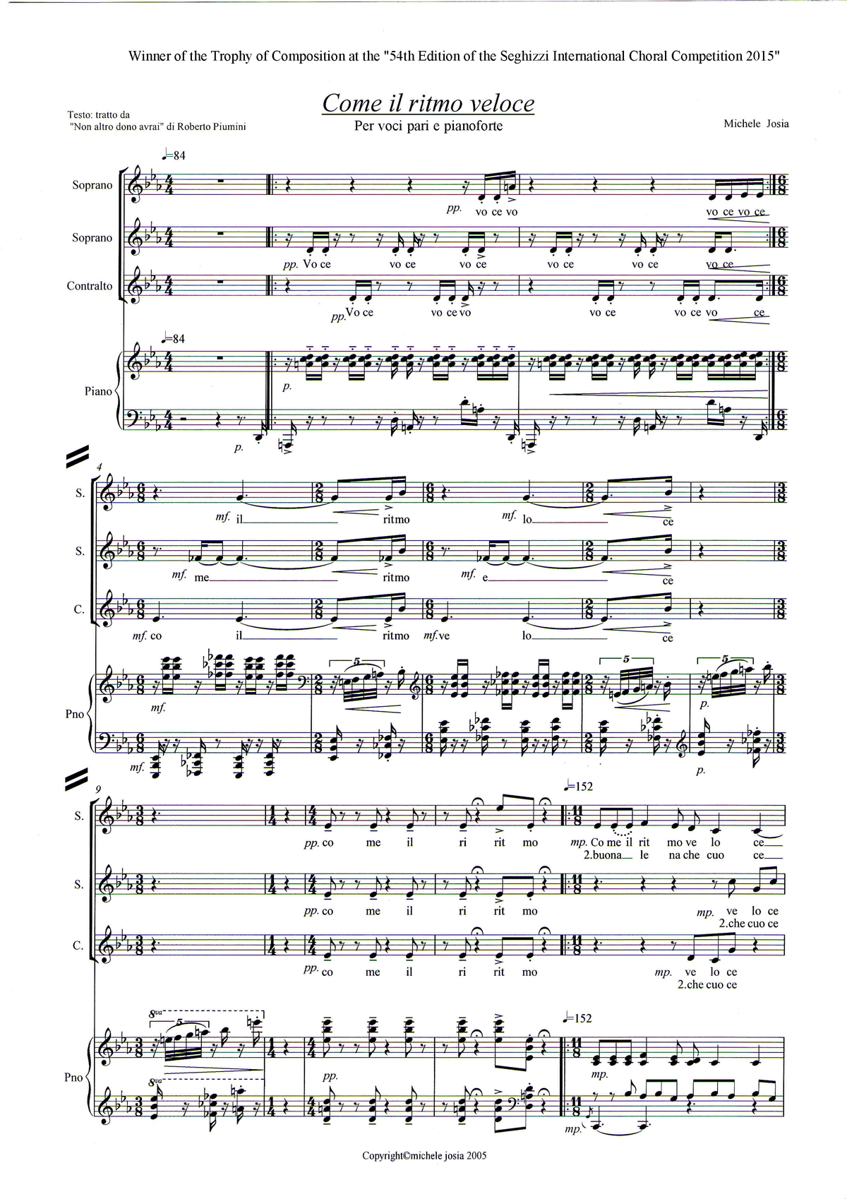 Michele Josia: Come il ritmo veloce (equal voices, piano)