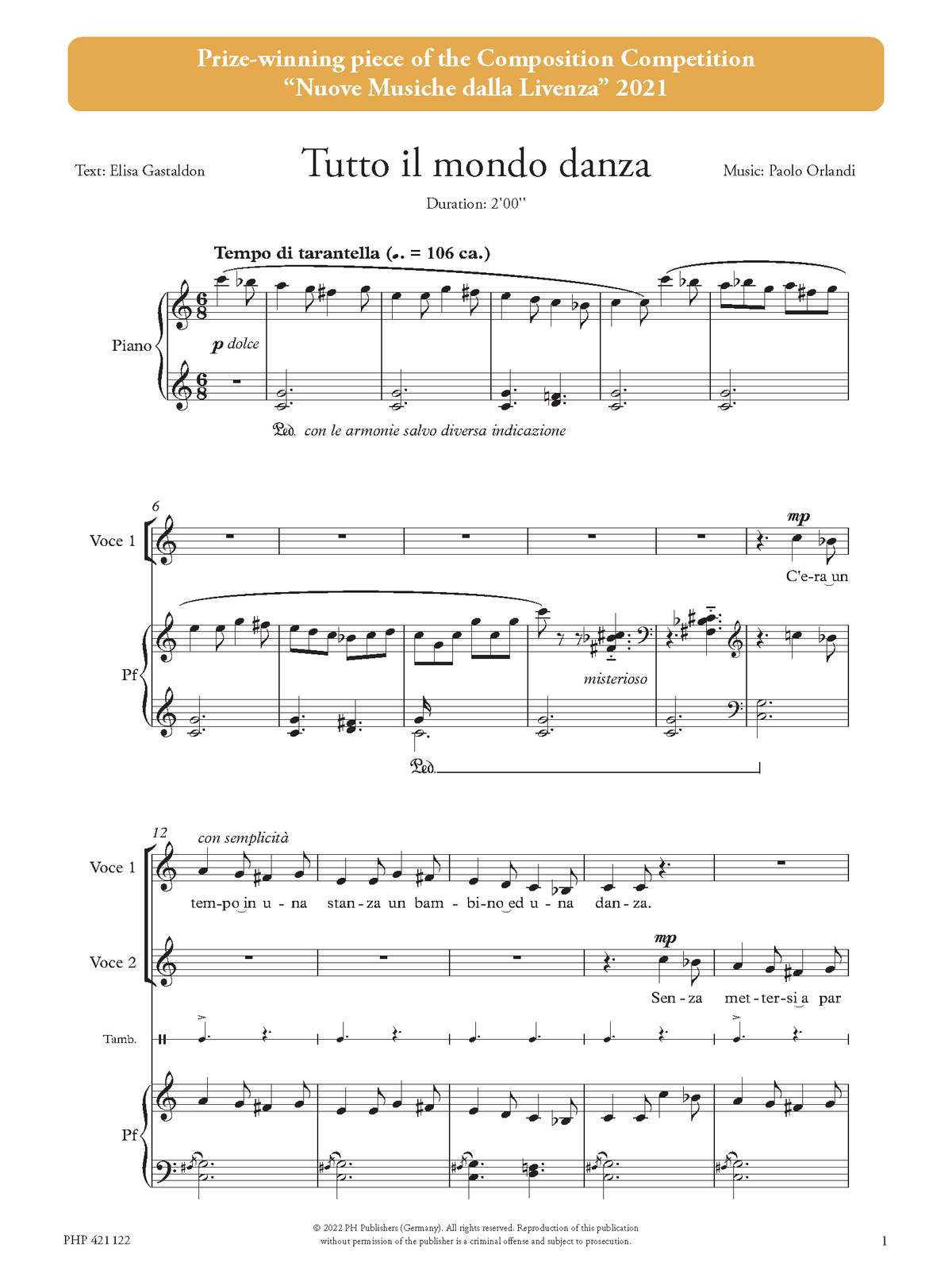 Paolo Orlandi: Tutto il mondo danza (egyneműkar, zongora, tamburin)