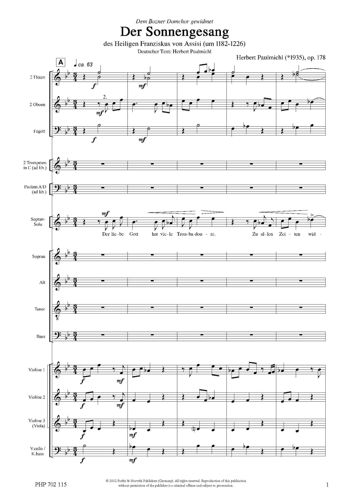 Herbert Paulmichl: Der Sonnengesang (SATB, soprano solo, orchestra)