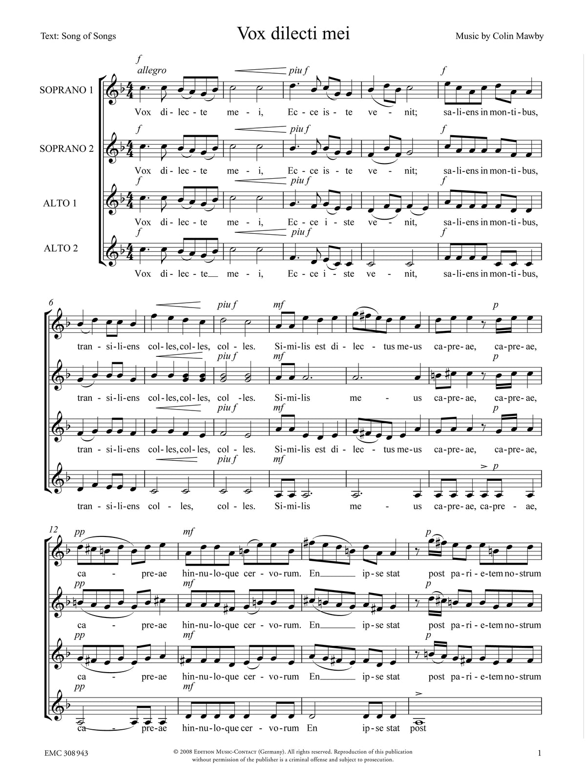 Colin Mawby: Vox dilecti mei (SSAA)