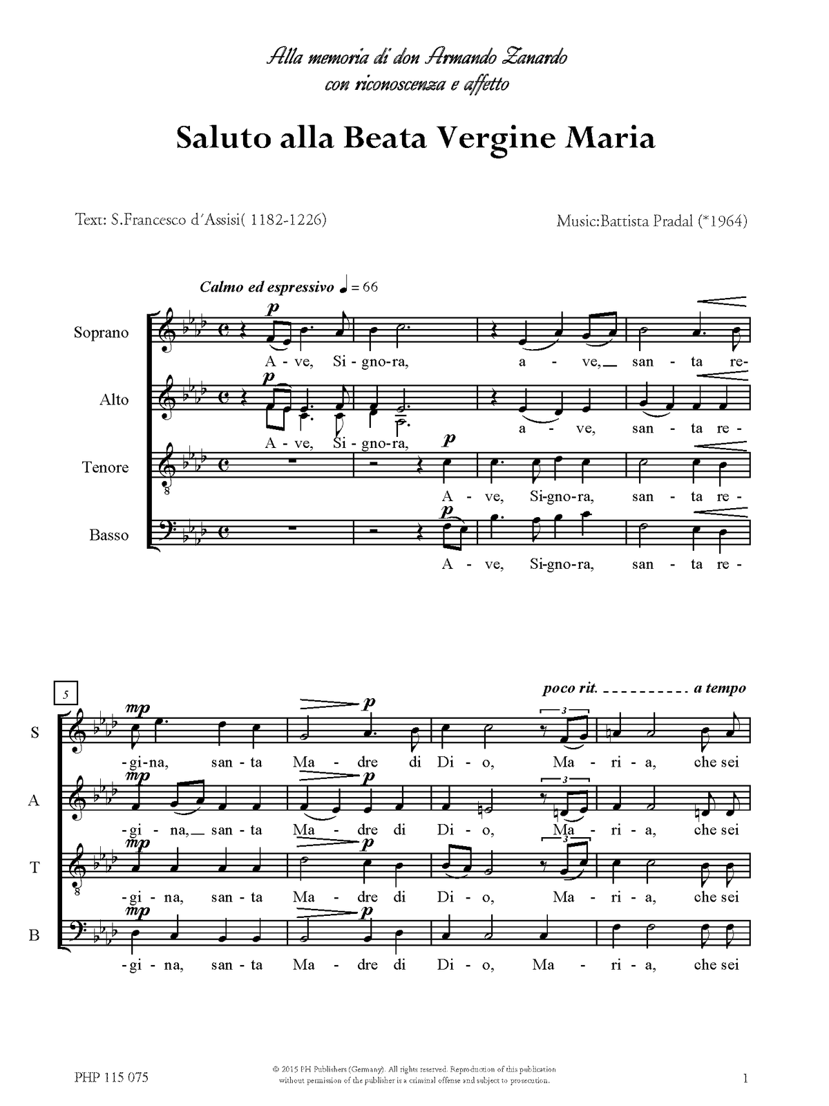 Battista Pradal: Saluto alla Beata Vergine Maria (SATB)