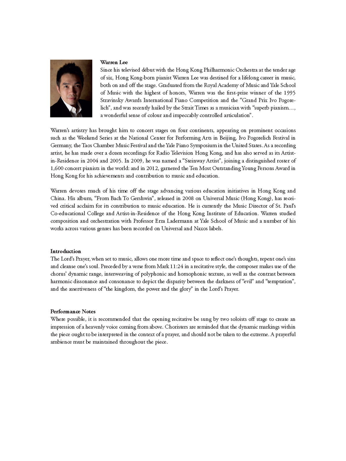 Warren Lee: The Lord’s Prayer (SATB, zongora)