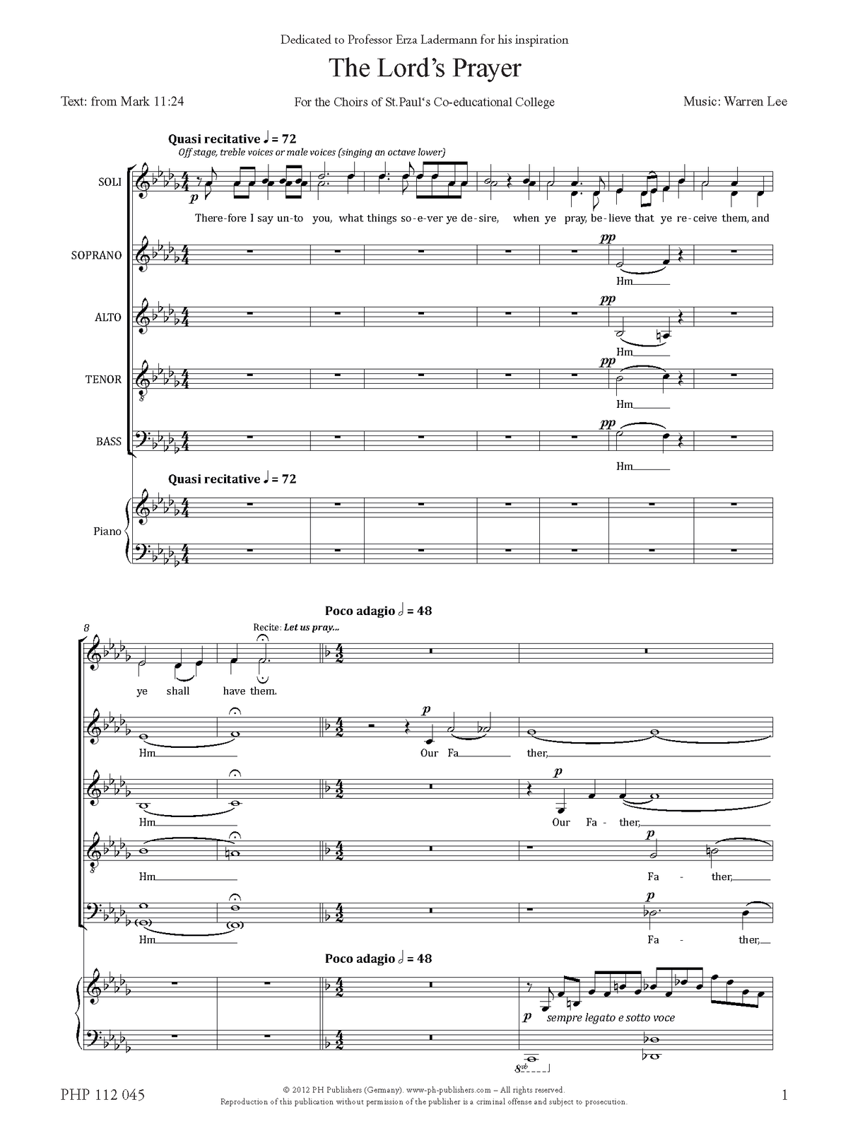 Warren Lee: The Lord’s Prayer (SATB, zongora)