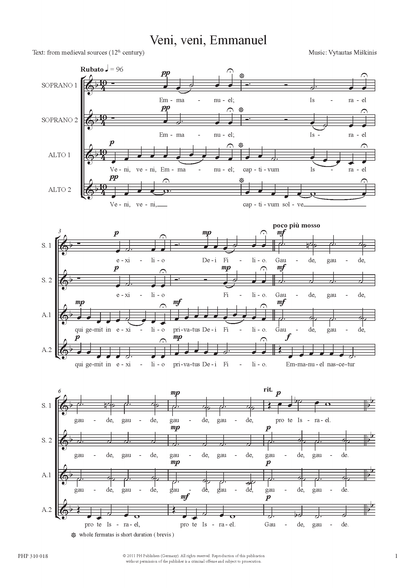 Vytautas Miškinis: Veni, Veni, Emmanuel (SSAA)