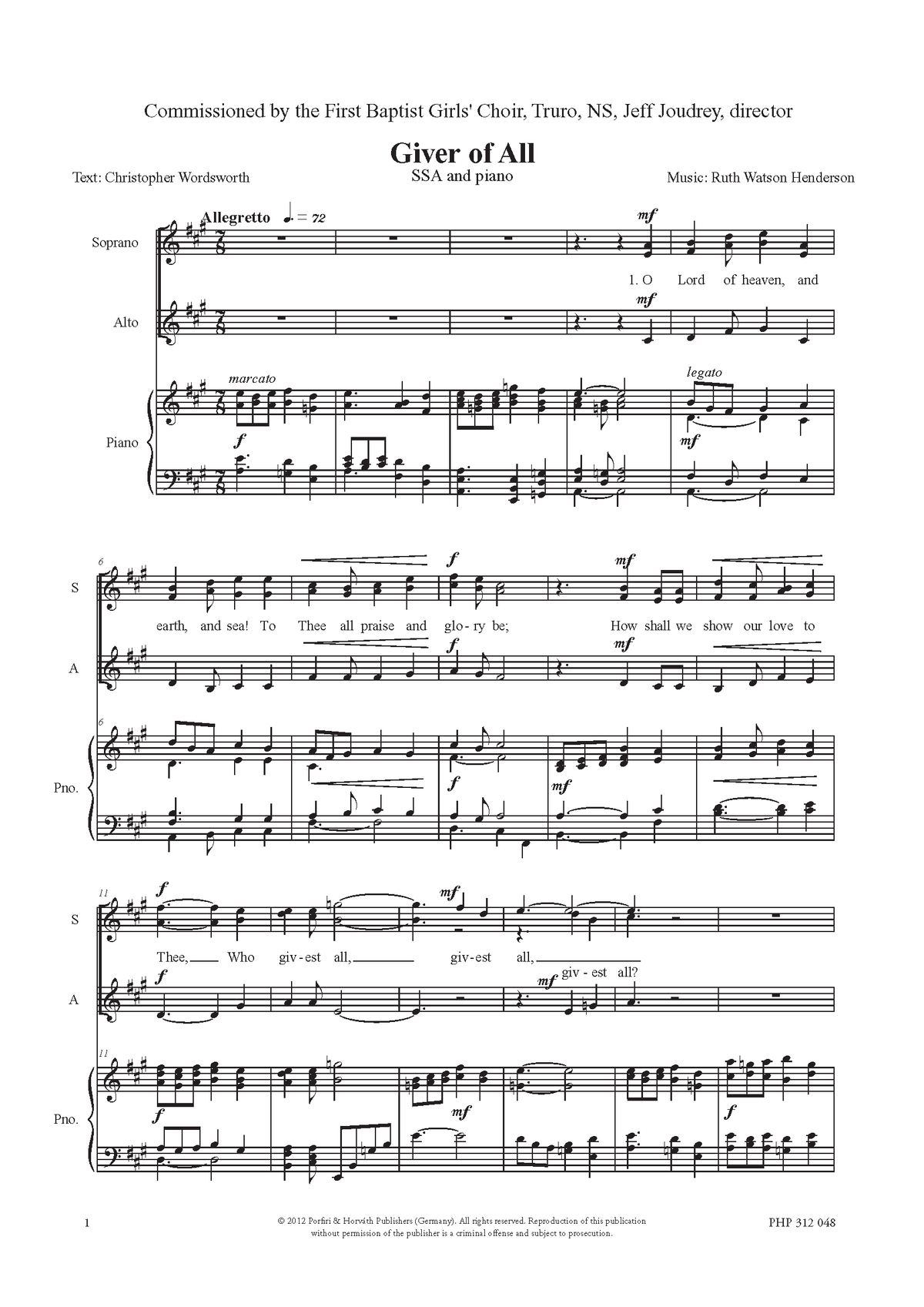 Ruth Watson Henderson: Giver of All (SSA, Klavier)