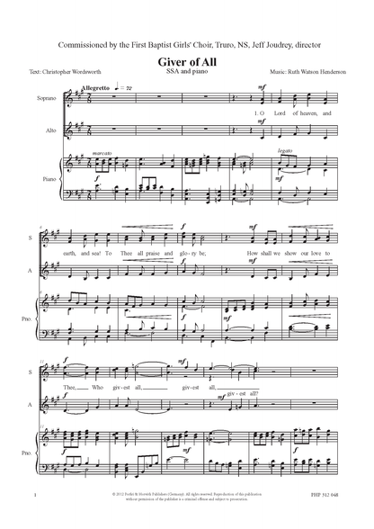 Ruth Watson Henderson: Giver of All (SSA, Klavier)