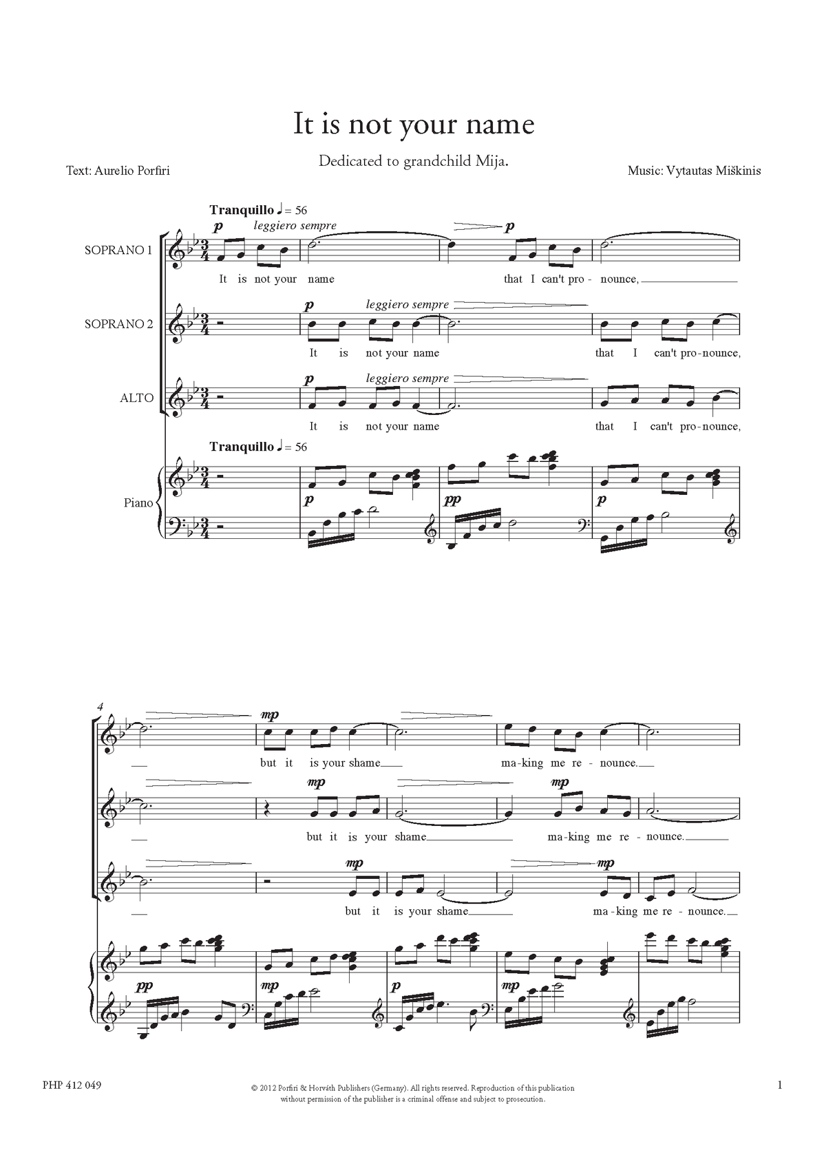 Vytautas Miškinis: Child Heart (SSA, zongora)